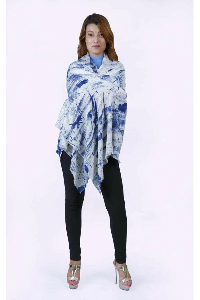Cashmere Silk Scarf in Blue and White Tie Dye Poncho | KCI 223