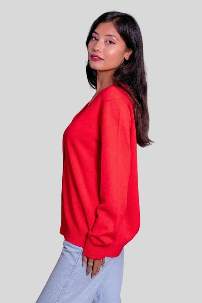 Fashionable woman in red sweater and jeans wearing Cashmere Cardigan KCI 371