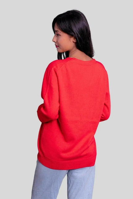 Woman wearing red cashmere cardigan | KCI 371