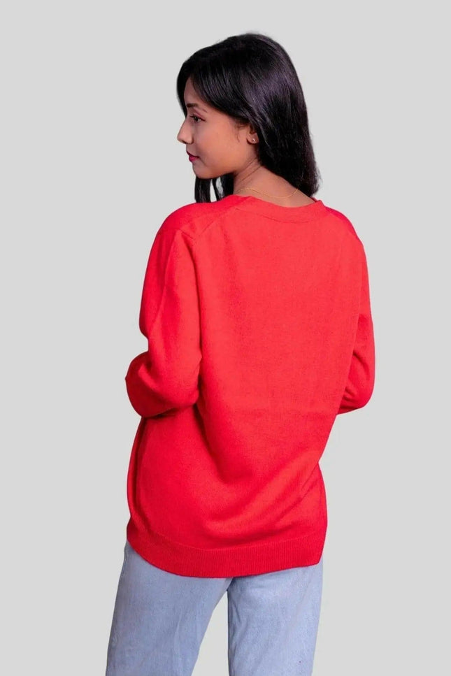 Woman wearing red cashmere cardigan | KCI 371