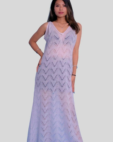 Stylish woman in Chic Cashmere Silk Dress with che pattern