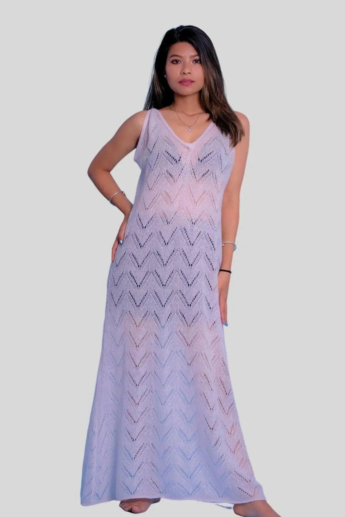 Stylish woman in Chic Cashmere Silk Dress with che pattern