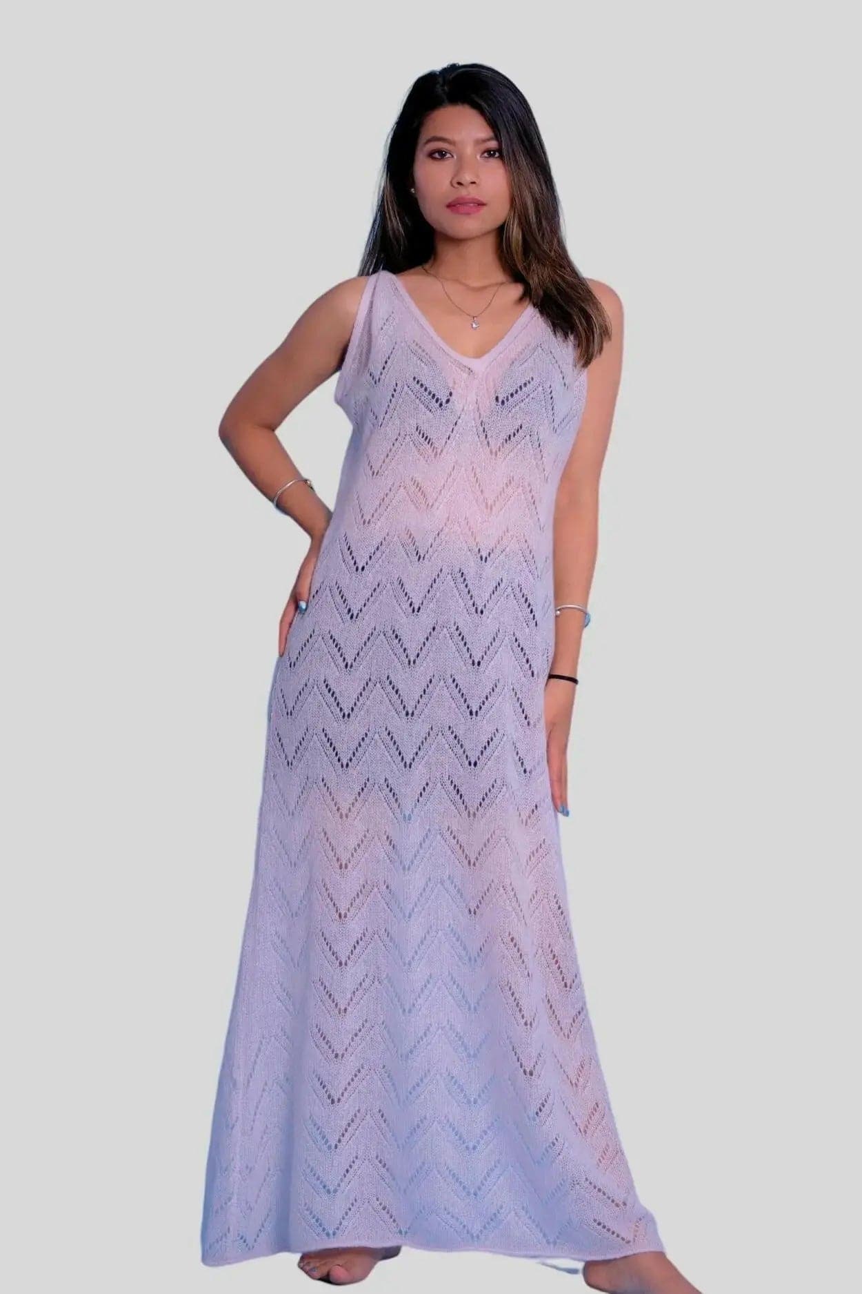 Stylish woman in Chic Cashmere Silk Dress with che pattern