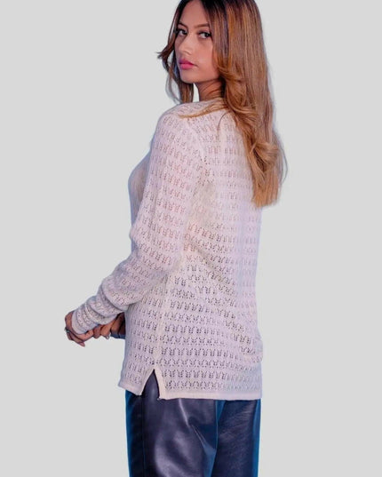 Italian Cashmere Women’s Pointelle Pullover in White with Leather Pants