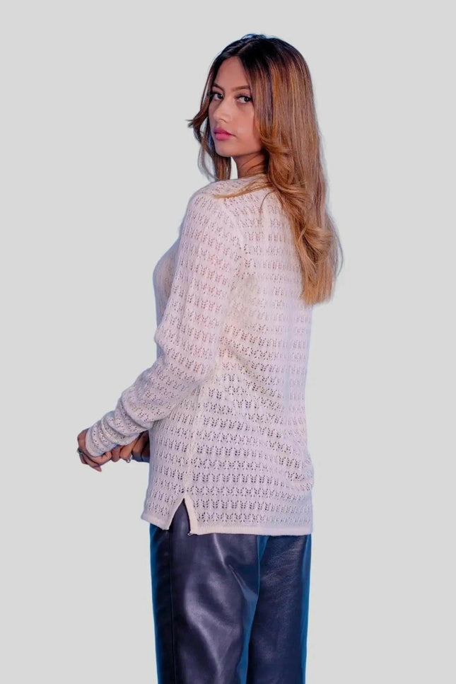 Italian Cashmere Women’s Pointelle Pullover in White with Leather Pants