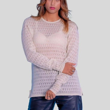 Stylish woman in white sweater and leather pants - Cozy Elegance: Italian Cashmere Women’s Pointelle Pullover