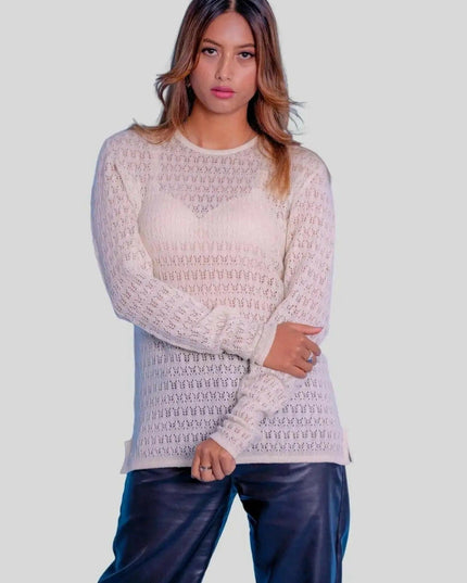 Stylish woman in white sweater and leather pants - Cozy Elegance: Italian Cashmere Women’s Pointelle Pullover