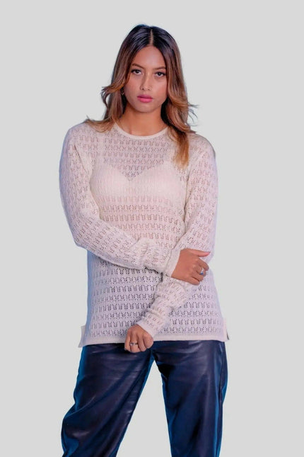 Stylish woman in white sweater and leather pants - Cozy Elegance: Italian Cashmere Women’s Pointelle Pullover
