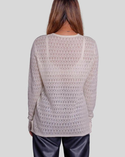 Italian Cashmere Women’s Pointelle Pullover in White with Black Leather Pants