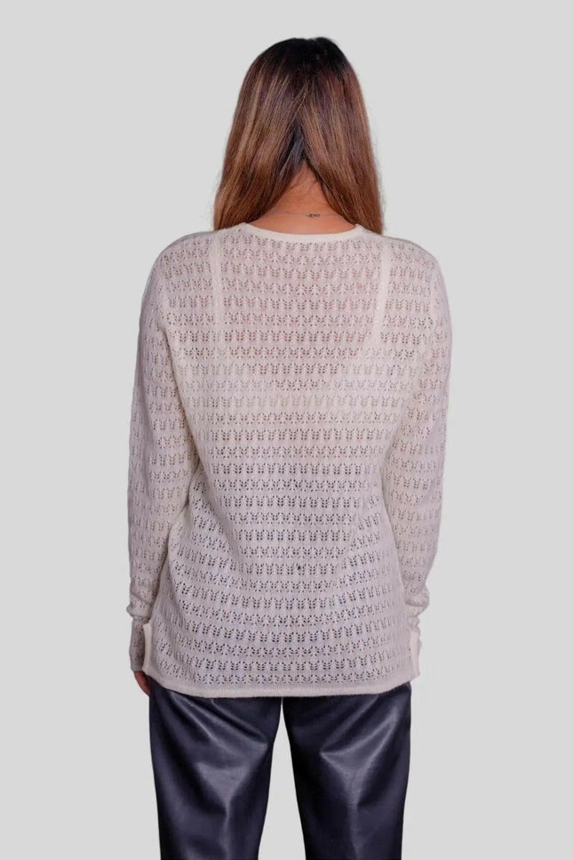 Italian Cashmere Women’s Pointelle Pullover in White with Black Leather Pants