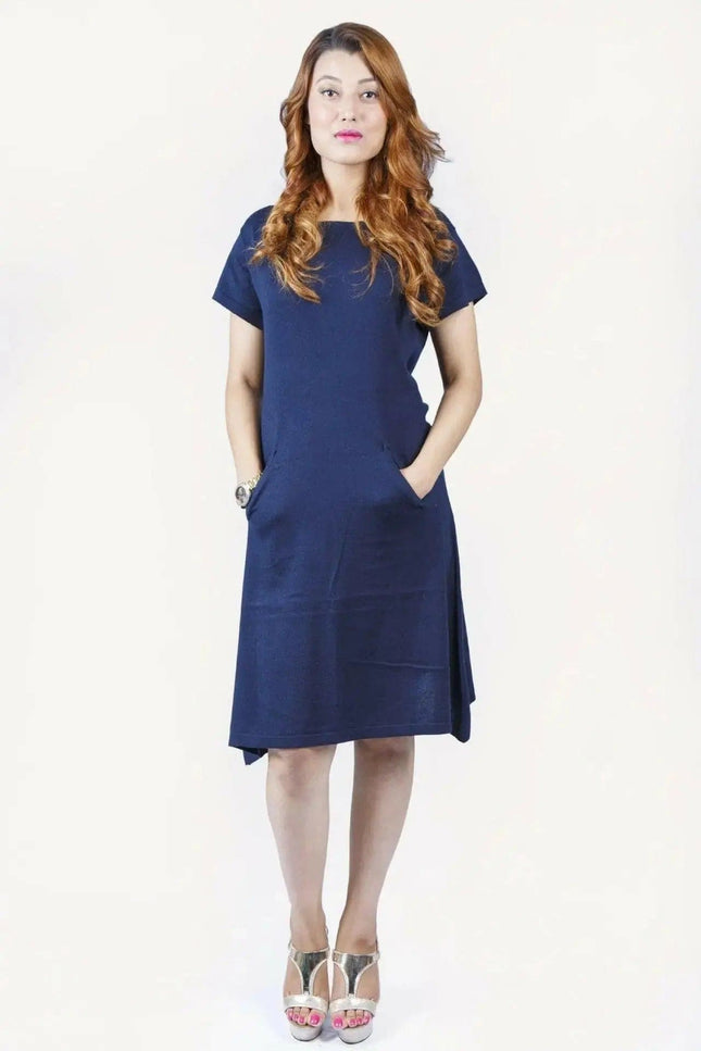Woman in blue dress, Crew Neck Cashmere Dress, timeless piece features pure cashmere fabric