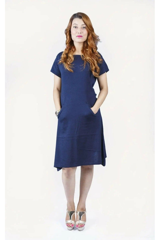 Woman in blue dress, Crew Neck Cashmere Dress, timeless piece features pure cashmere fabric