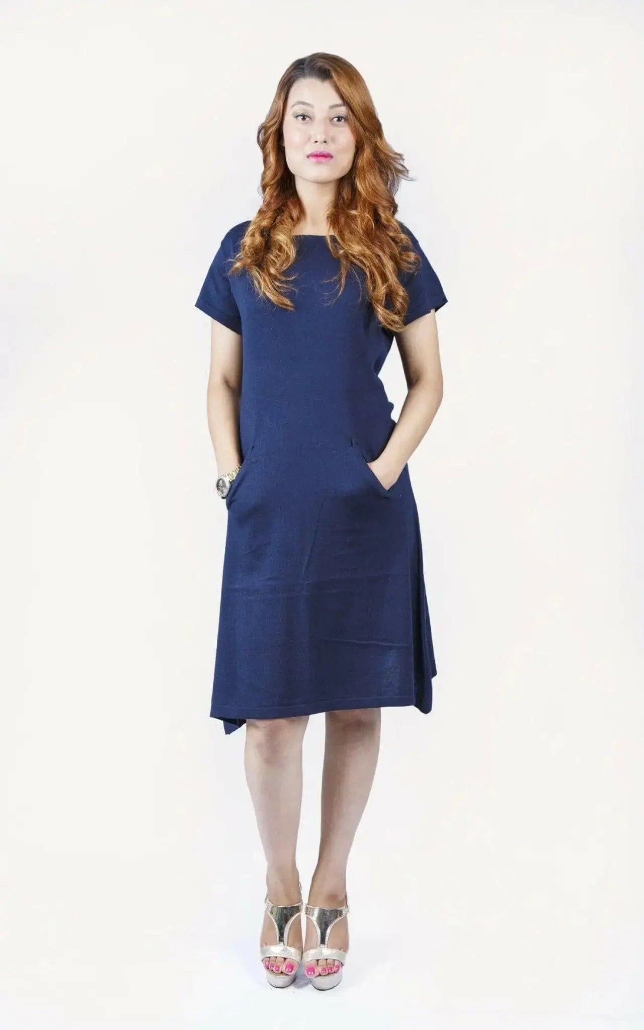Woman in blue dress, Crew Neck Cashmere Dress, timeless piece features pure cashmere fabric