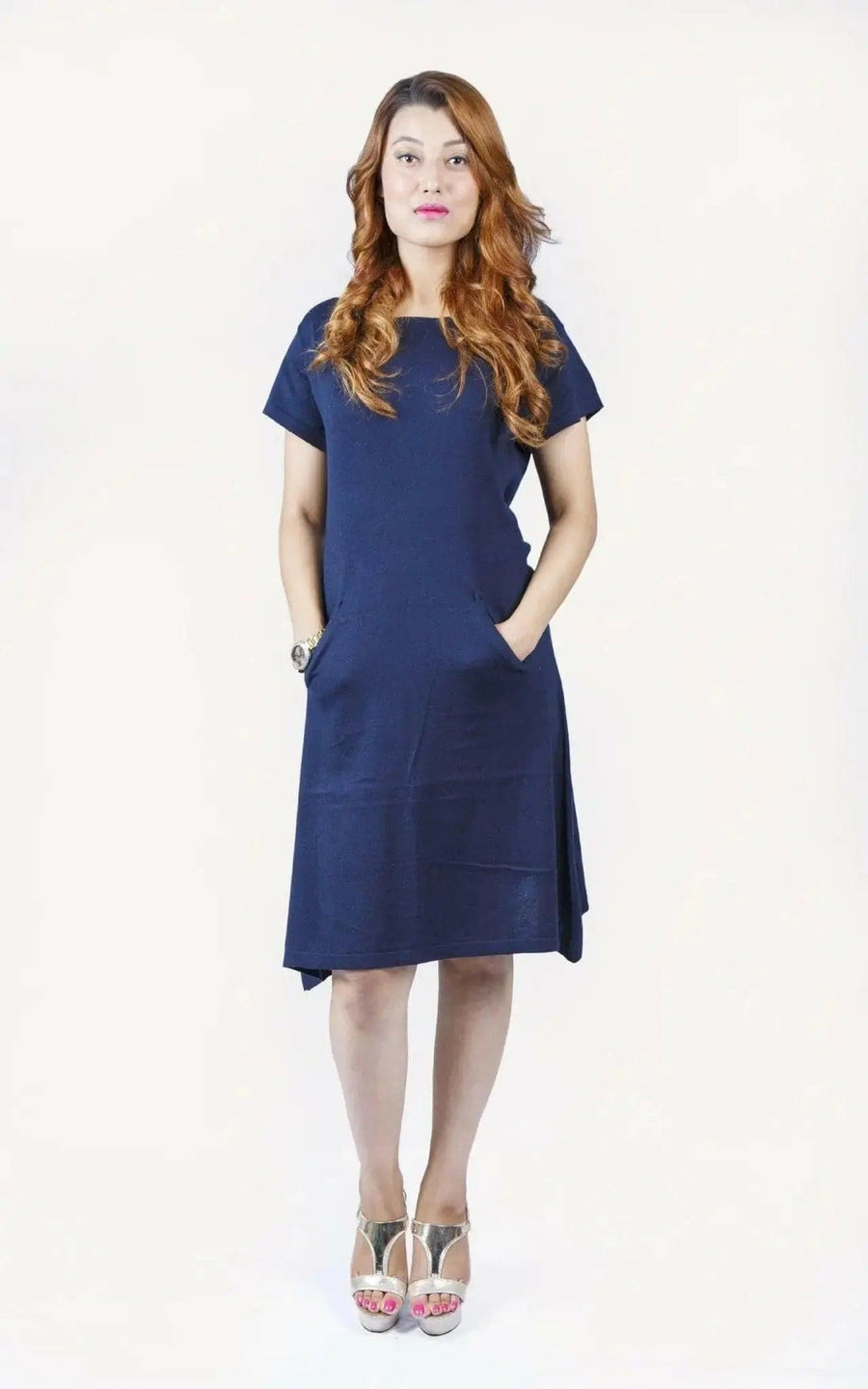 Woman in blue dress, Crew Neck Cashmere Dress, timeless piece features pure cashmere fabric