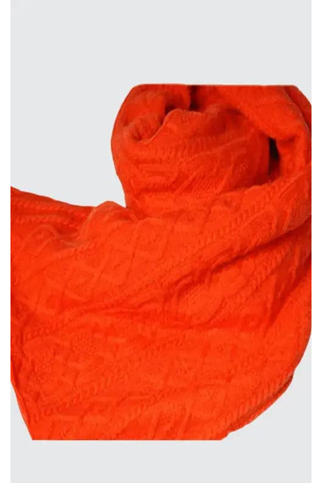 Italian cashmere scarf with intricate cable pattern in bright orange color