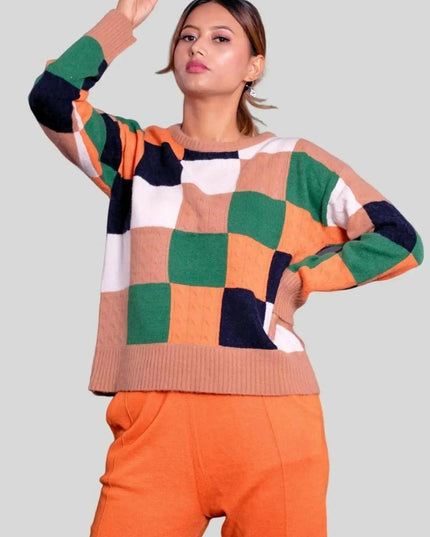 Intarsia Sweater in Orange and Green | Crew Neck KCI 254