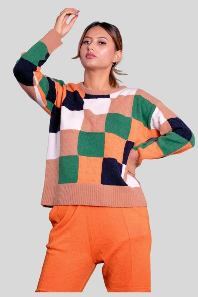 Intarsia Sweater in Orange and Green | Crew Neck KCI 254
