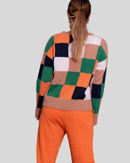 Intarsia Sweater in Orange and Green | Crew Neck KCI 254