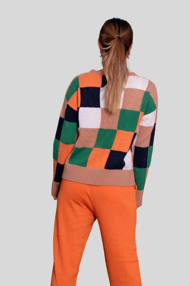Intarsia Sweater in Orange and Green | Crew Neck KCI 254