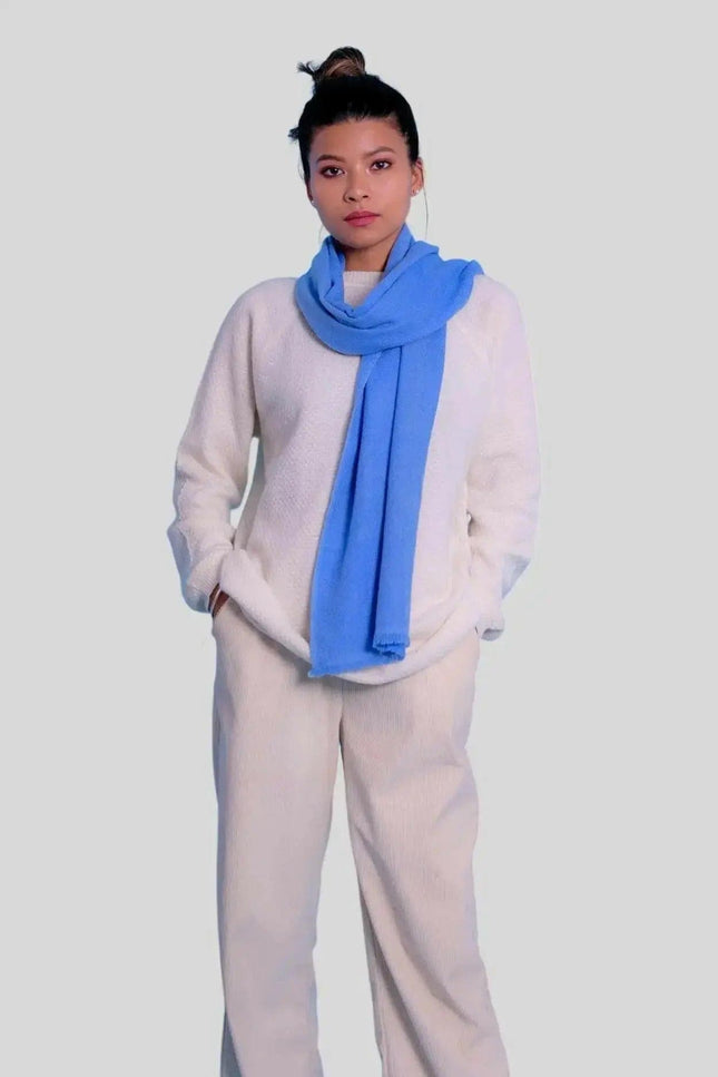 Italian Cashmere Basket Weave Scarf featuring woman in white sweater and blue scarf