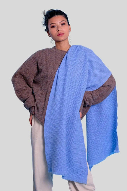 Italian Cashmere Basket Weave Scarf - woman in blue and brown sweater