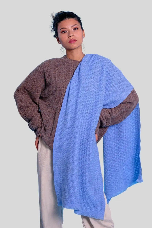 Italian Cashmere Basket Weave Scarf - woman in blue and brown sweater