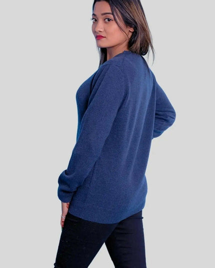 Italian Cashmere Classic Pullover: Woman in Blue Sweater and Black Jeans