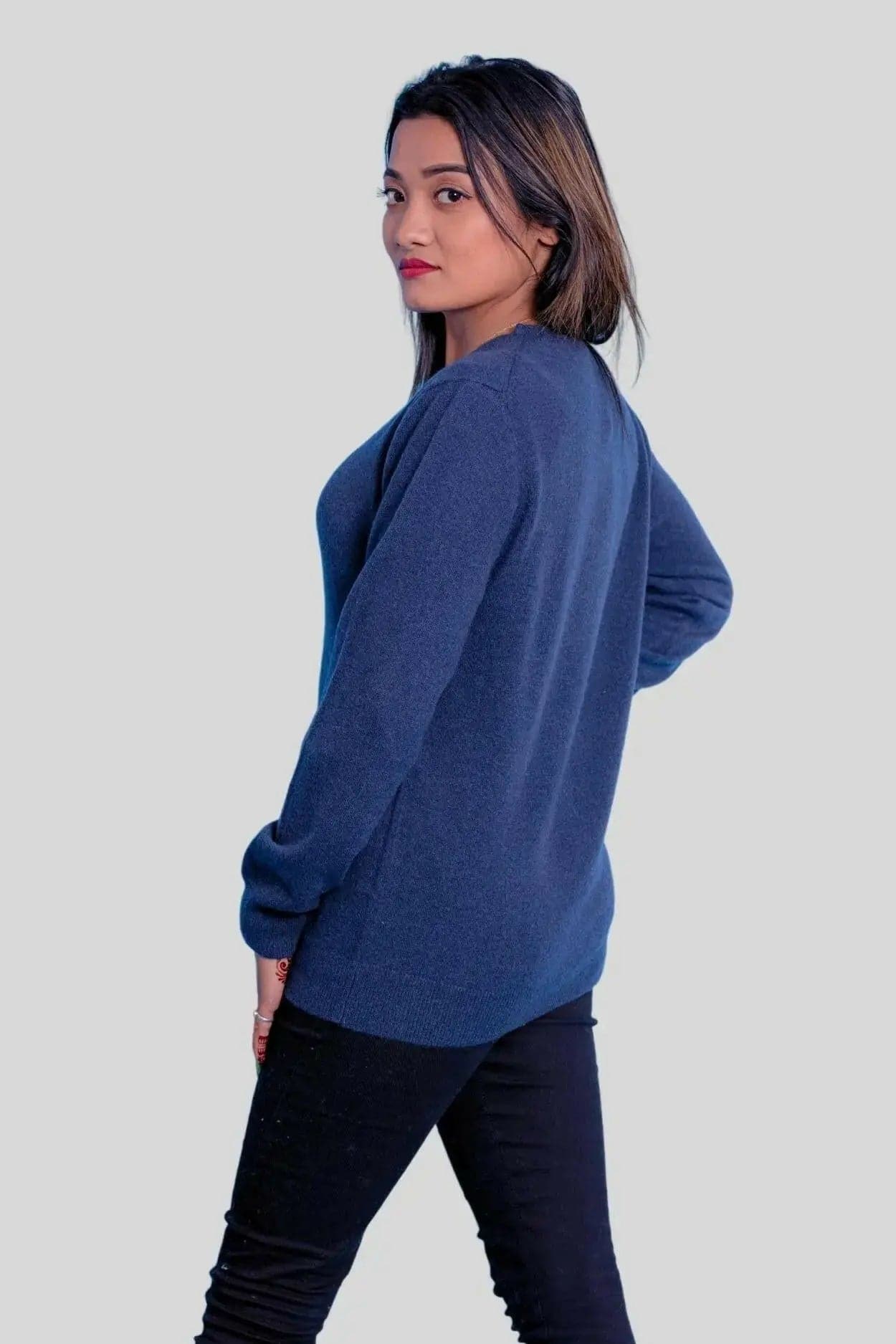 Italian Cashmere Classic Pullover: Woman in Blue Sweater and Black Jeans