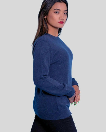 Italian Cashmere Classic Pullover featuring a woman in a blue sweater and black jeans