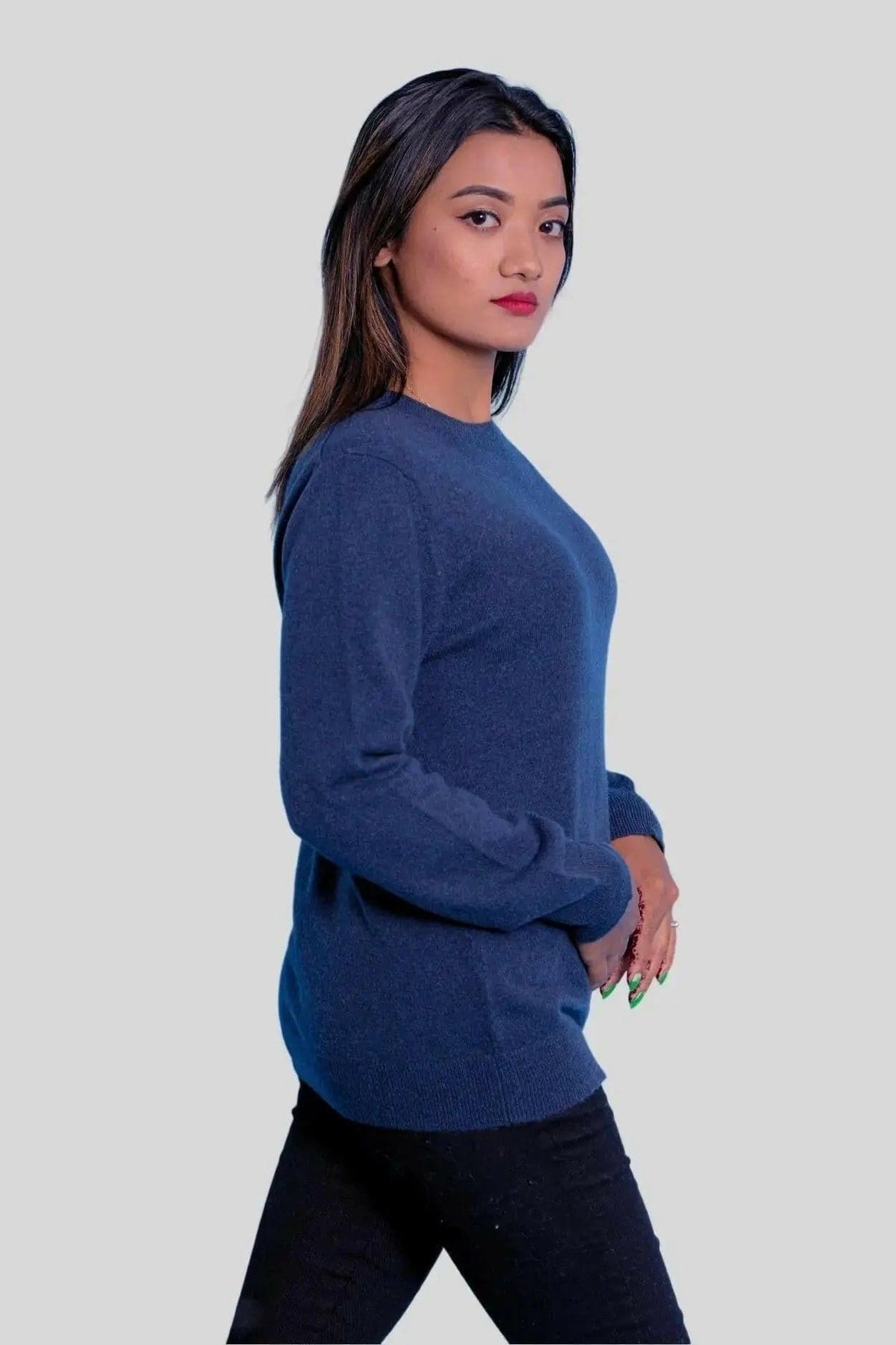 Italian Cashmere Classic Pullover featuring a woman in a blue sweater and black jeans