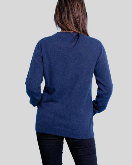 Italian Cashmere Classic Pullover in Blue worn by woman in black jeans