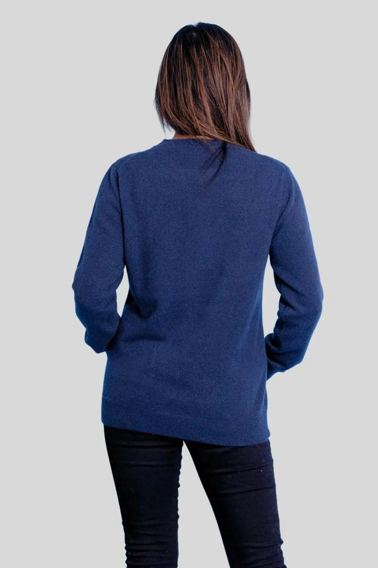 Italian Cashmere Classic Pullover in Blue worn by woman in black jeans