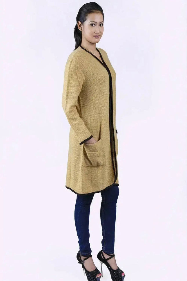 Italian Cashmere Long Knit Cardigan Coat featuring a woman in a yellow cardigan sweater