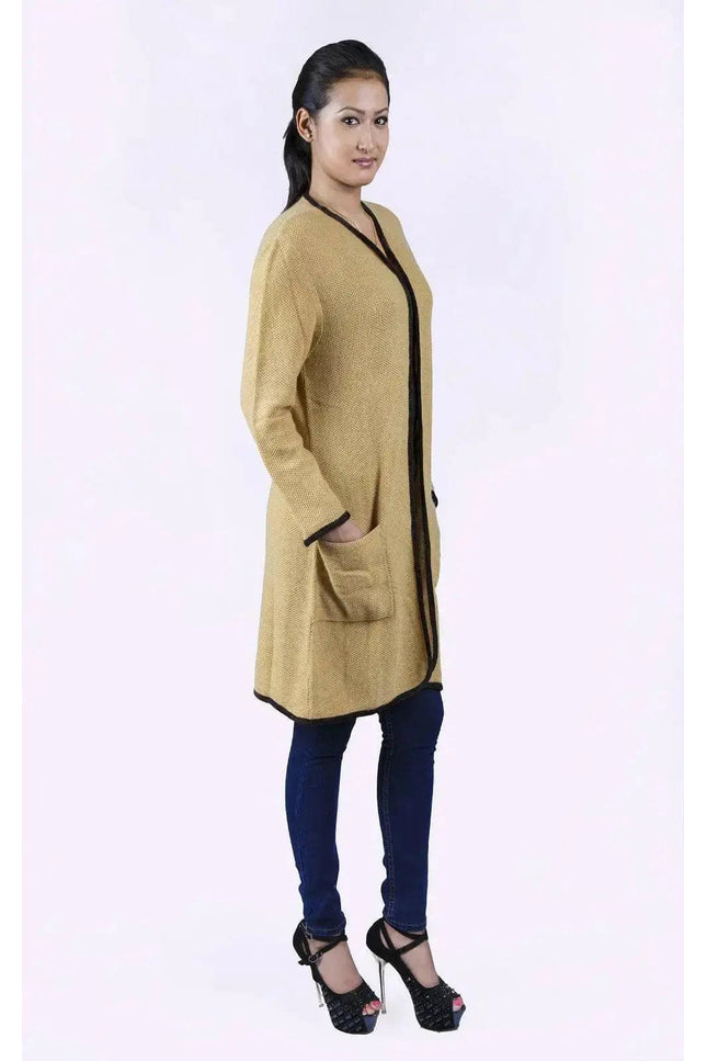 Italian Cashmere Long Knit Cardigan Coat featuring a woman in a yellow cardigan sweater