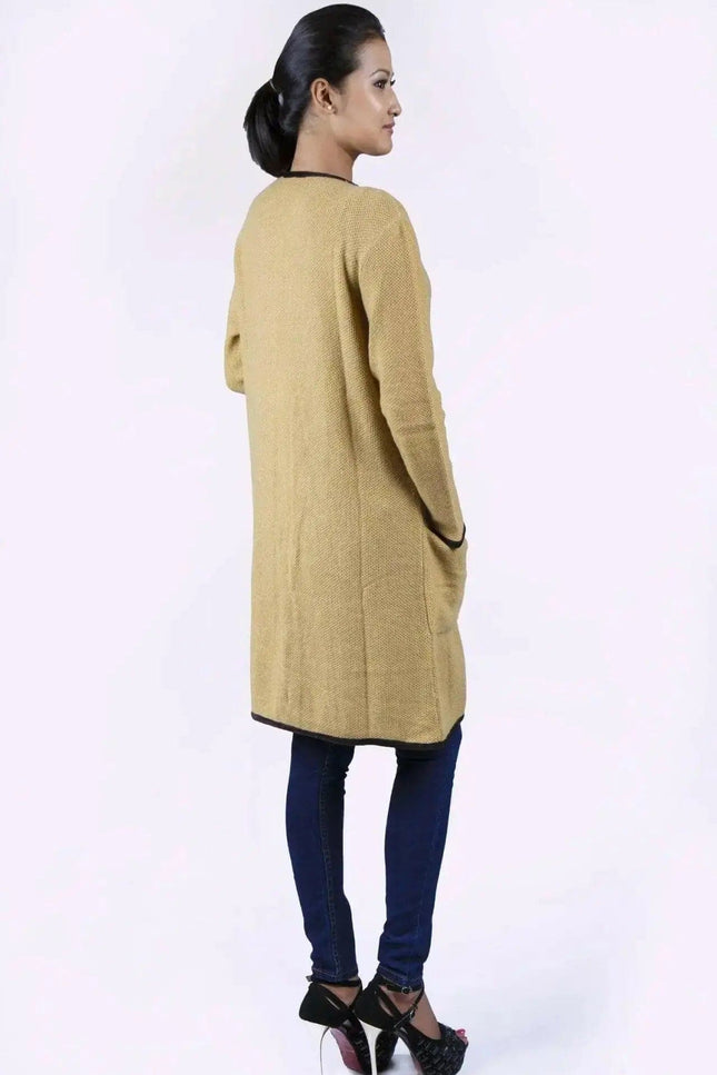 Italian Cashmere Long Knit Cardigan Coat - Woman wearing mustard coat