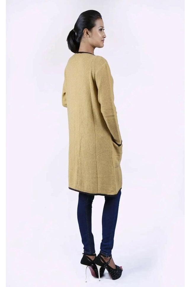 Italian Cashmere Long Knit Cardigan Coat - Woman wearing mustard coat