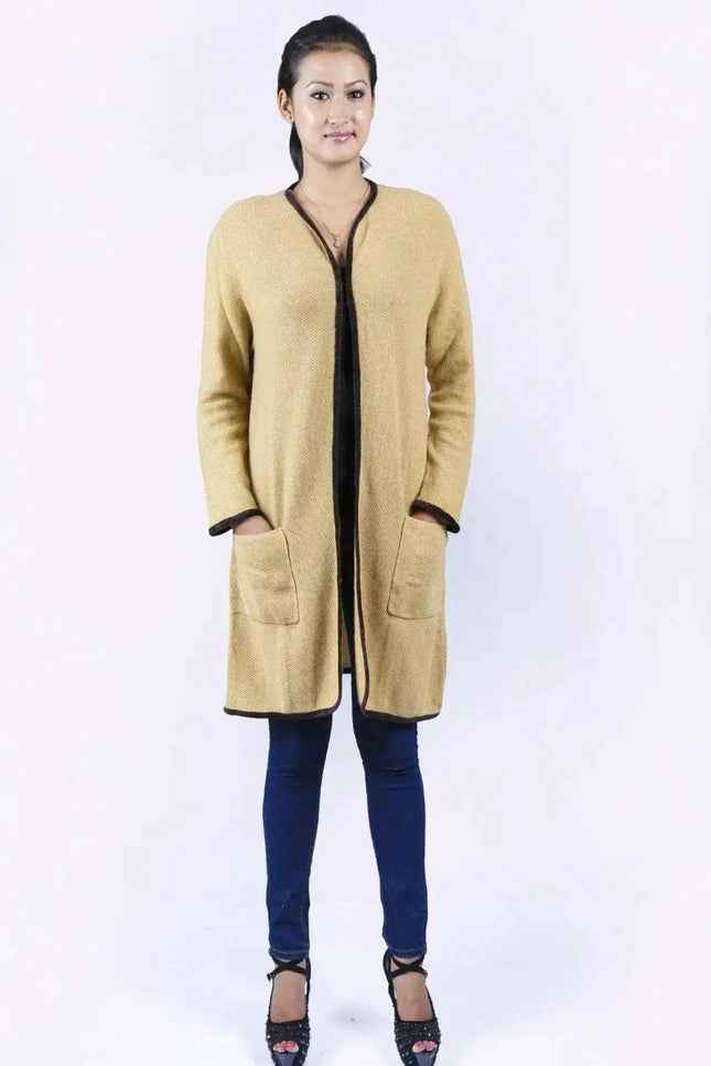 Italian Cashmere Long Knit Cardigan Coat - woman in yellow cardigan sweater