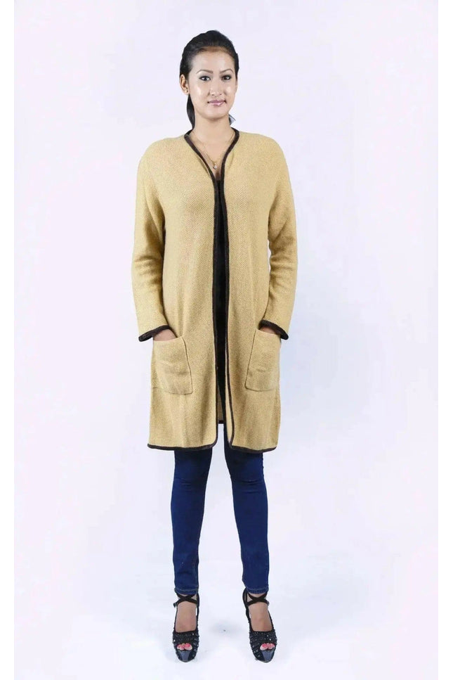 Italian Cashmere Long Knit Cardigan Coat - woman in yellow cardigan sweater