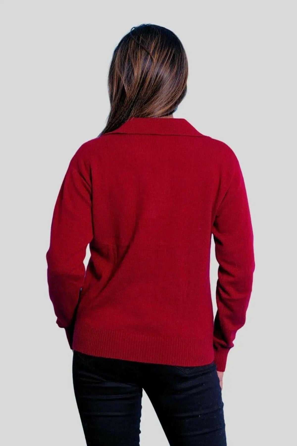 Italian Cashmere Polo | Woman in Red Sweater & Black Jeans