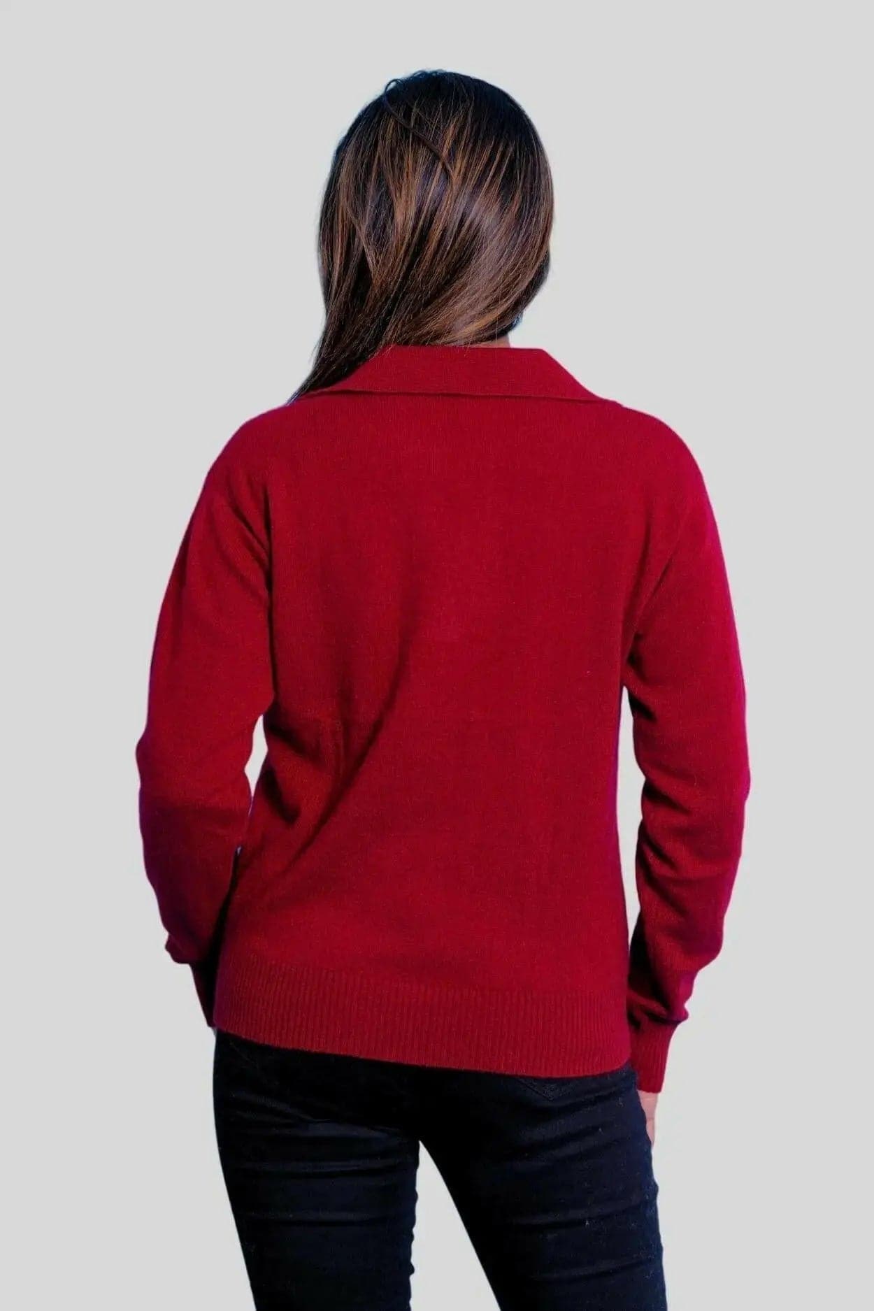 Italian Cashmere Polo | Woman in Red Sweater & Black Jeans