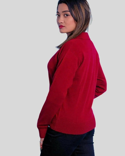 Woman in red cashmere polo and black pants - Italian Cashmere Polo | Luxe Comfort & Style