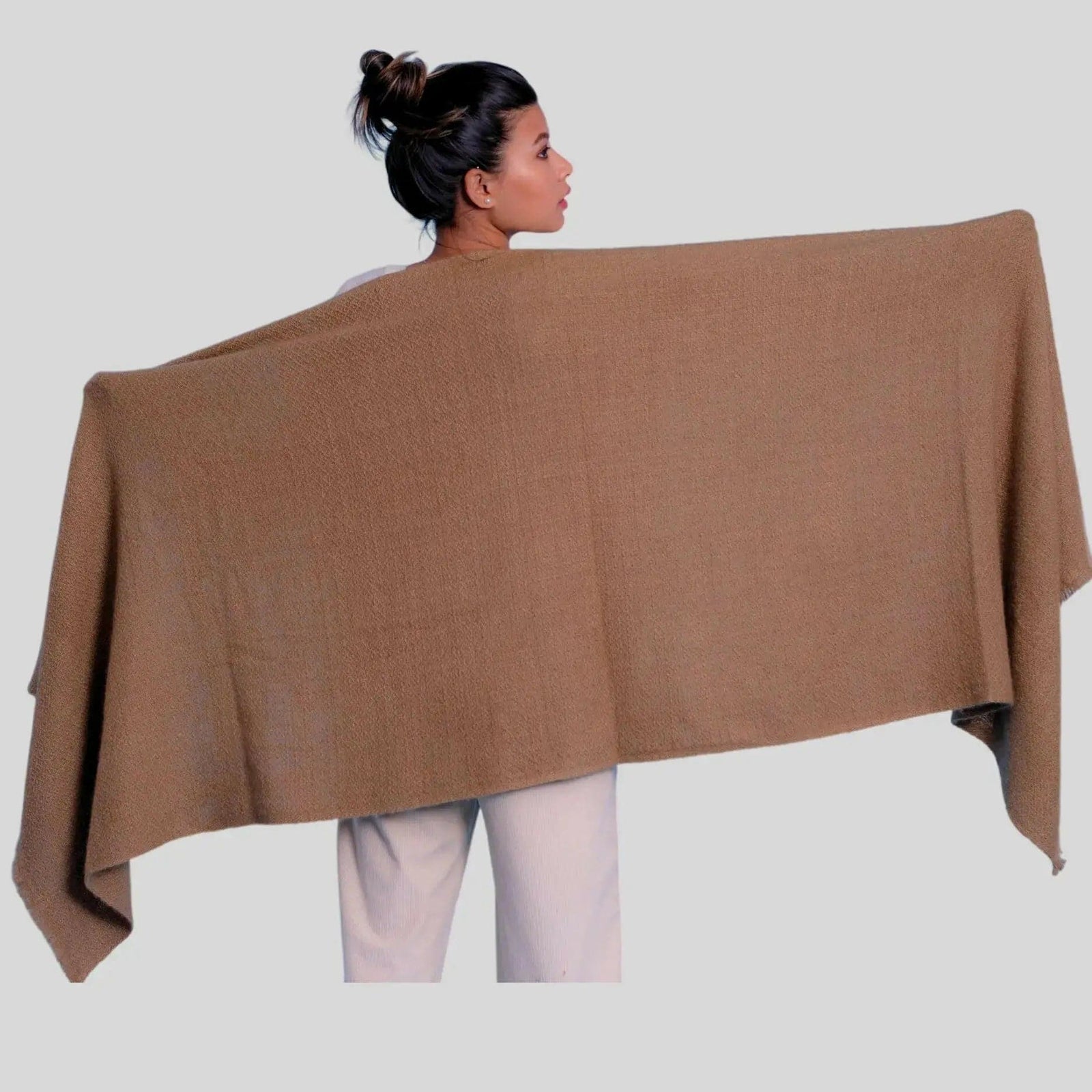 Italian Cashmere Scarf for Luxurious Winter Warmth: Woman wearing brown shawl