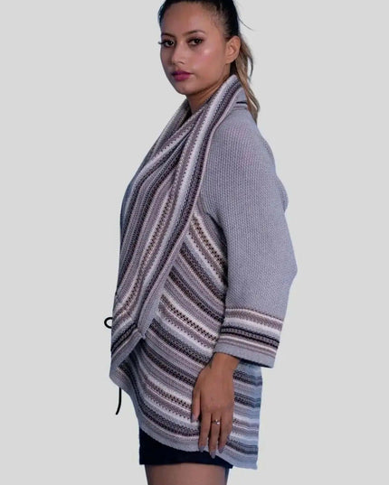 Italian Cashmere Shawl-Collar Cardigan: Woman in grey sweater and black shorts