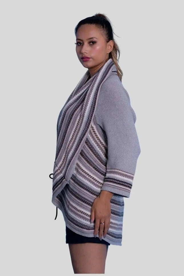 Italian Cashmere Shawl-Collar Cardigan: Woman in grey sweater and black shorts