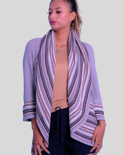 Woman in purple sweater and black shorts wearing Italian Cashmere Shawl-Collar Cardigan