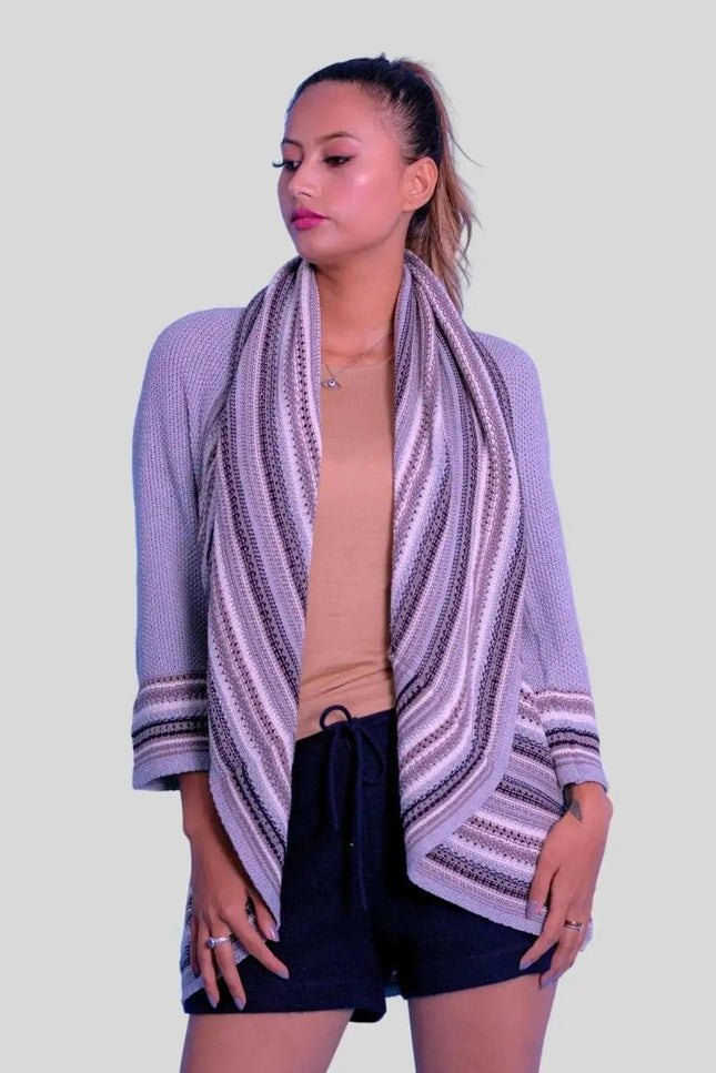 Woman in purple sweater and black shorts wearing Italian Cashmere Shawl-Collar Cardigan