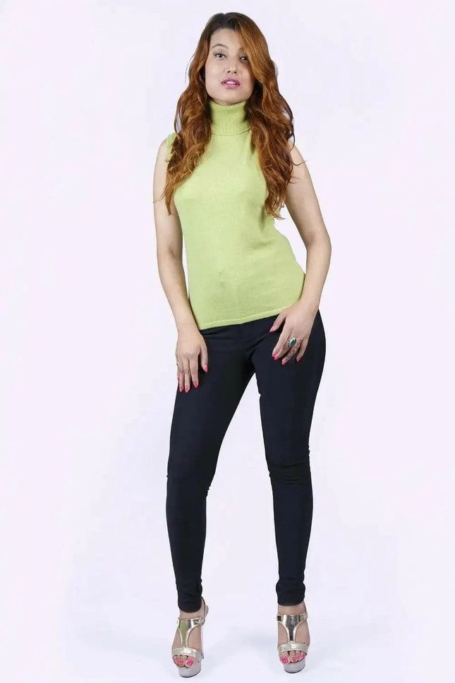 Stylish Italian cashmere sleeveless pullover on woman in lime top and black pants