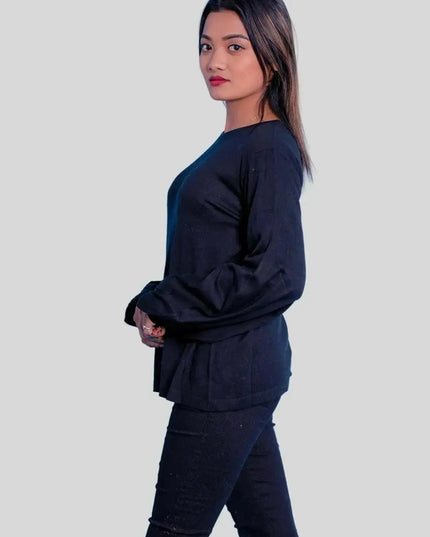 Italian Cashmere Superfine Pullover worn by woman in black jeans and sweater
