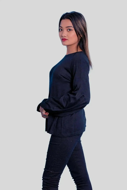 Italian Cashmere Superfine Pullover worn by woman in black jeans and sweater