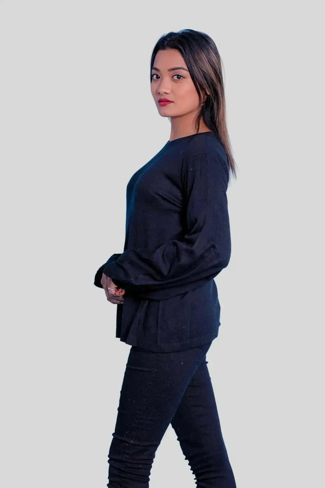 Italian Cashmere Superfine Pullover worn by woman in black jeans and sweater